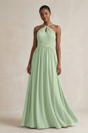A - Line Halter Chiffon Ruched Bridesmaid Dress in Sage - KissProm Bridesmaid Dresses