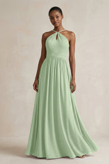 A - Line Halter Chiffon Ruched Bridesmaid Dress in Sage - KissProm Bridesmaid Dresses