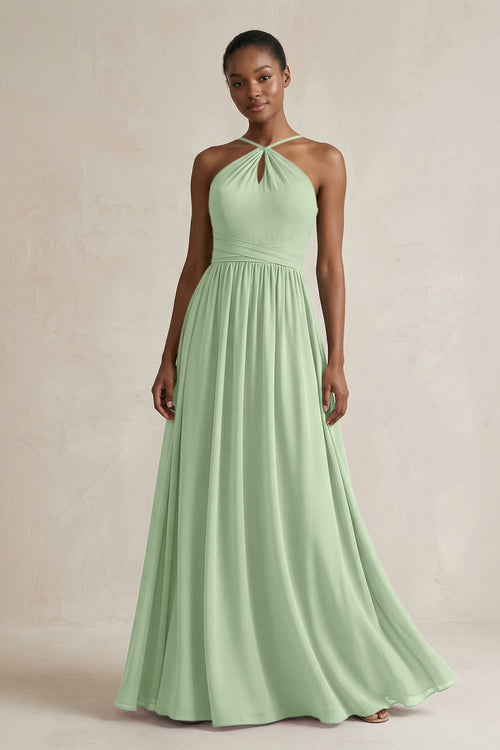 A - Line Halter Chiffon Ruched Bridesmaid Dress in Sage - KissProm Bridesmaid Dresses