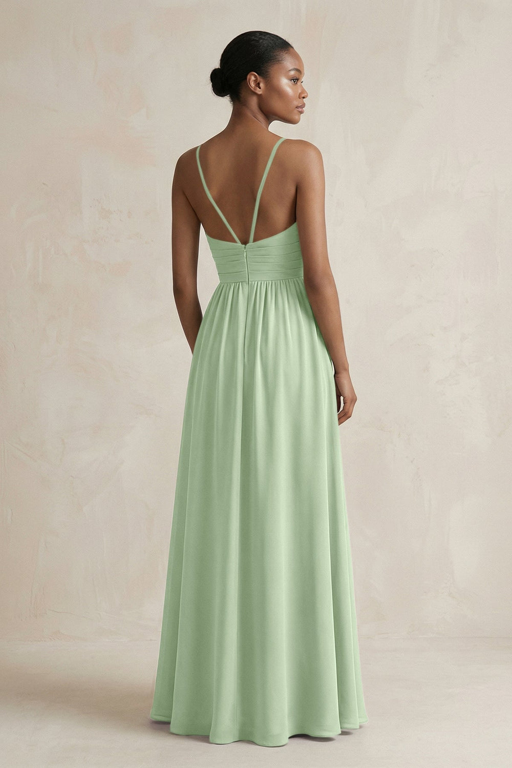 A - Line Halter Chiffon Ruched Bridesmaid Dress in Sage - KissProm Bridesmaid Dresses