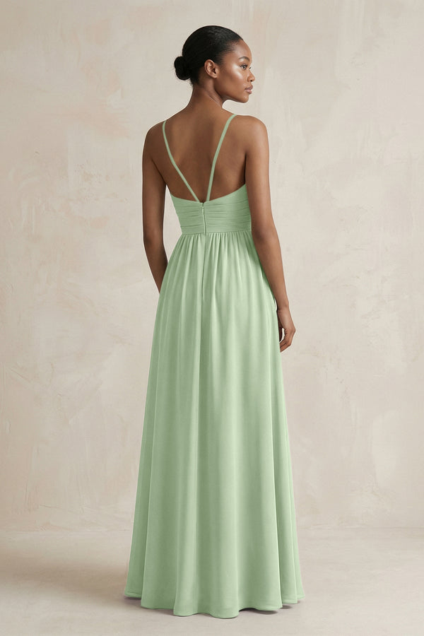 A - Line Halter Chiffon Ruched Bridesmaid Dress in Sage - KissProm Bridesmaid Dresses