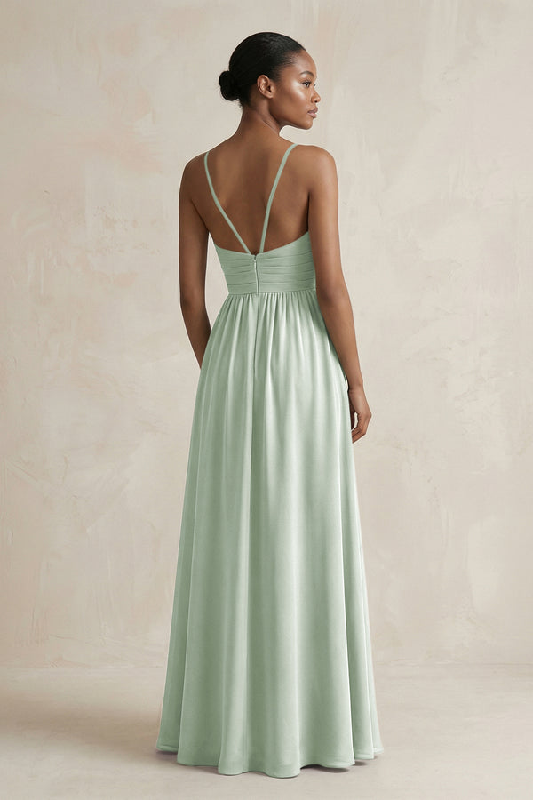 A - Line Halter Chiffon Ruched Bridesmaid Dress in Sage - KissProm Bridesmaid Dresses