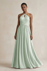 A - Line Halter Chiffon Ruched Bridesmaid Dress in Sage - KissProm Bridesmaid Dresses