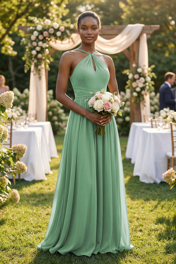 KissProm A-Line Halter Chiffon Ruched Bridesmaid Dress in Sea Glass, Sea Glass / 18