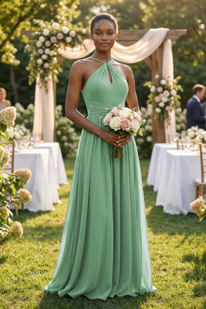 A - Line Halter Chiffon Ruched Bridesmaid Dress in Sea Glass - KissProm Bridesmaid Dresses