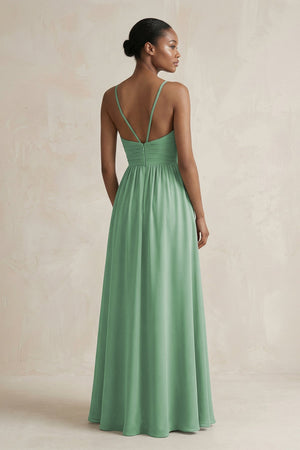 A - Line Halter Chiffon Ruched Bridesmaid Dress in Sea Glass - KissProm Bridesmaid Dresses