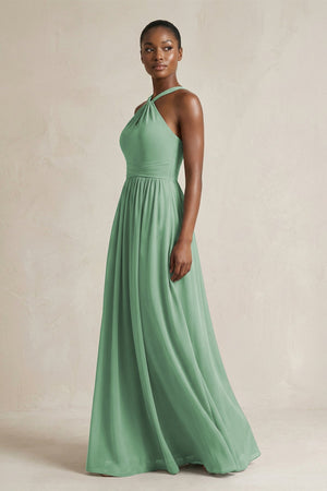 A - Line Halter Chiffon Ruched Bridesmaid Dress in Sea Glass - KissProm Bridesmaid Dresses