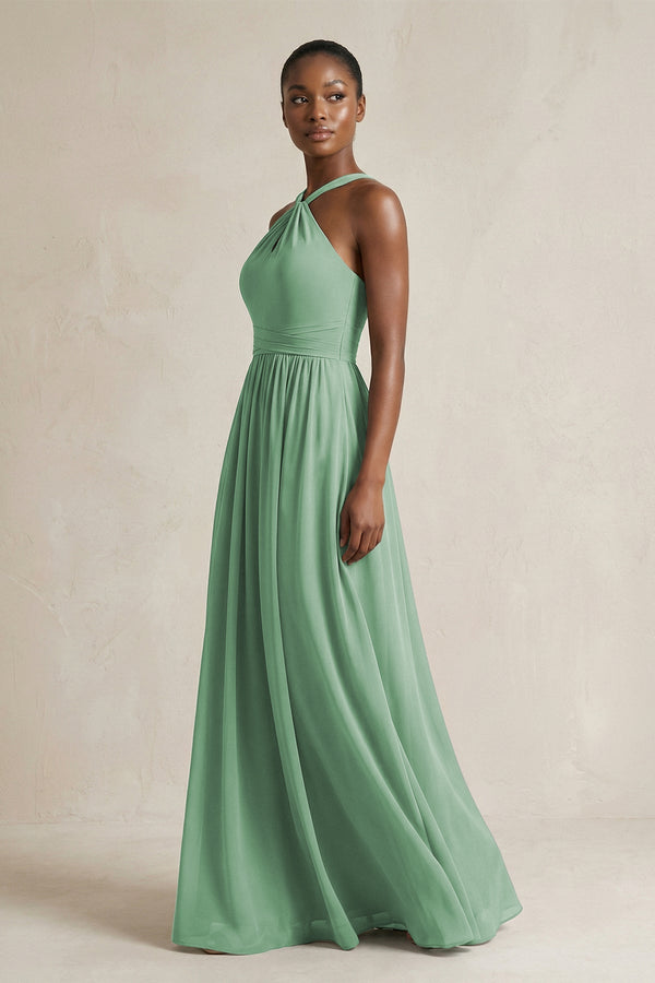 A - Line Halter Chiffon Ruched Bridesmaid Dress in Sea Glass - KissProm Bridesmaid Dresses