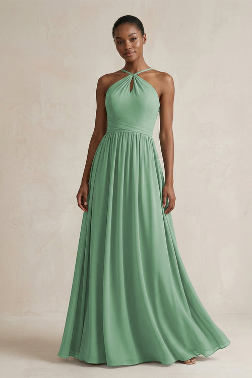 KissProm A-Line Halter Chiffon Ruched Bridesmaid Dress in Sea Glass, Sea Glass / 18