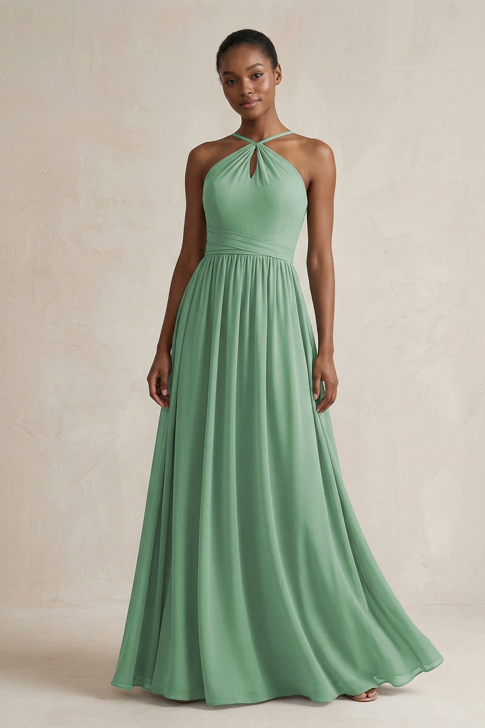 A - Line Halter Chiffon Ruched Bridesmaid Dress in Sea Glass - KissProm Bridesmaid Dresses