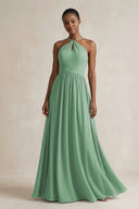 A - Line Halter Chiffon Ruched Bridesmaid Dress in Sea Glass - KissProm Bridesmaid Dresses