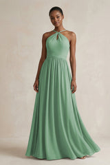 A - Line Halter Chiffon Ruched Bridesmaid Dress in Sea Glass - KissProm Bridesmaid Dresses
