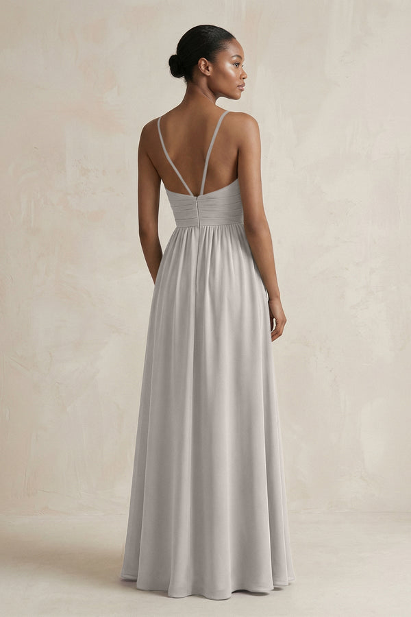A - Line Halter Chiffon Ruched Bridesmaid Dress in Silver - KissProm Bridesmaid Dresses