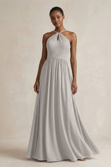 A - Line Halter Chiffon Ruched Bridesmaid Dress in Silver - KissProm Bridesmaid Dresses