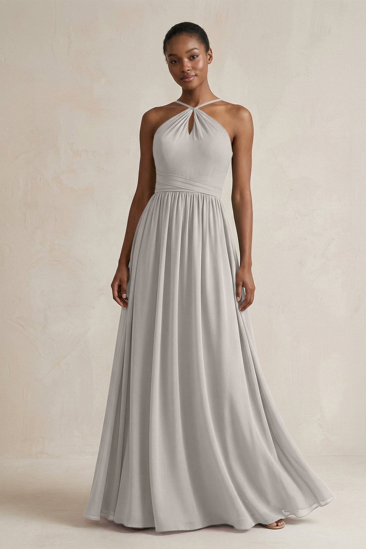 KissProm A-Line Halter Chiffon Ruched Bridesmaid Dress in Silver, Silver / 22