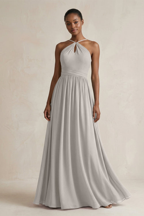 A - Line Halter Chiffon Ruched Bridesmaid Dress in Silver - KissProm Bridesmaid Dresses