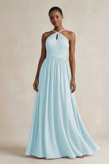 A - Line Halter Chiffon Ruched Bridesmaid Dress in Sky Blue - KissProm Bridesmaid Dresses
