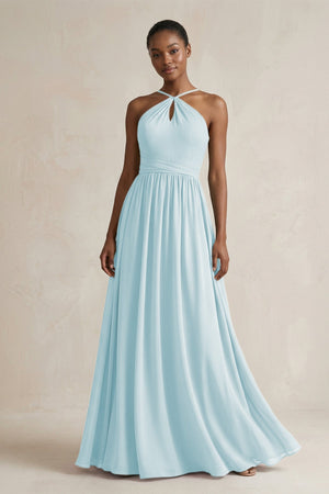 A - Line Halter Chiffon Ruched Bridesmaid Dress in Sky Blue - KissProm Bridesmaid Dresses