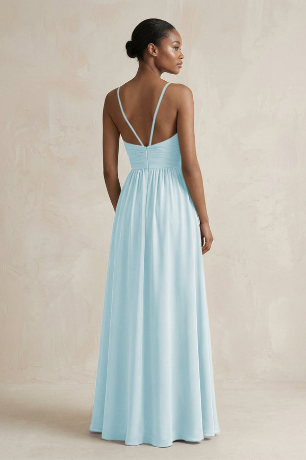 A - Line Halter Chiffon Ruched Bridesmaid Dress in Sky Blue - KissProm Bridesmaid Dresses
