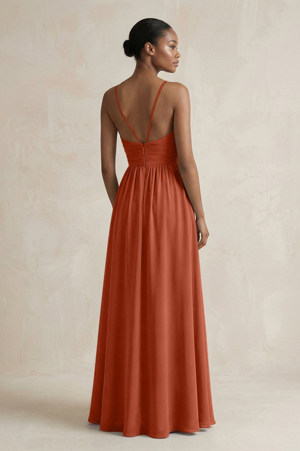 A - Line Halter Chiffon Ruched Bridesmaid Dress in Spice - KissProm Bridesmaid Dresses