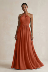 A - Line Halter Chiffon Ruched Bridesmaid Dress in Spice - KissProm Bridesmaid Dresses