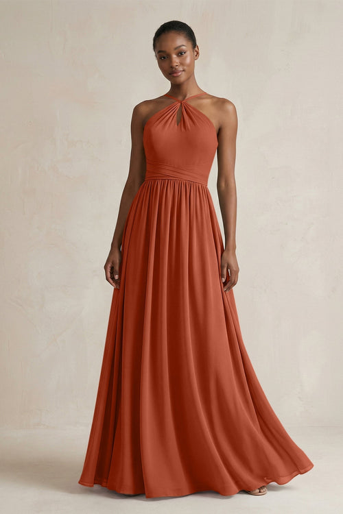 A - Line Halter Chiffon Ruched Bridesmaid Dress in Spice - KissProm Bridesmaid Dresses