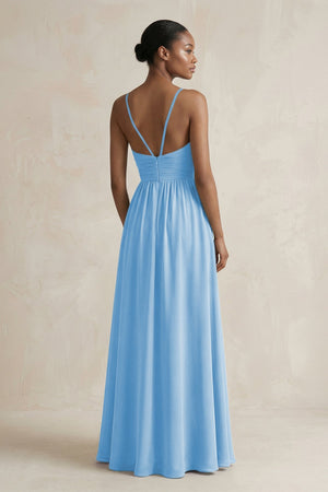 A - Line Halter Chiffon Ruched Bridesmaid Dress in Steel Blue - KissProm Bridesmaid Dresses