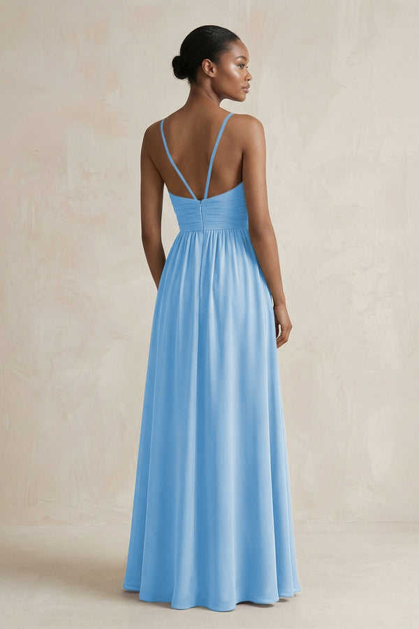 A - Line Halter Chiffon Ruched Bridesmaid Dress in Steel Blue - KissProm Bridesmaid Dresses