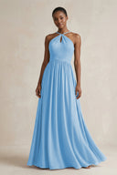 A - Line Halter Chiffon Ruched Bridesmaid Dress in Steel Blue - KissProm Bridesmaid Dresses