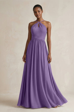 A - Line Halter Chiffon Ruched Bridesmaid Dress in Tahiti - KissProm Bridesmaid Dresses