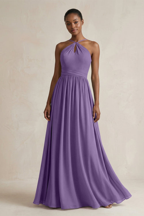 A - Line Halter Chiffon Ruched Bridesmaid Dress in Tahiti - KissProm Bridesmaid Dresses