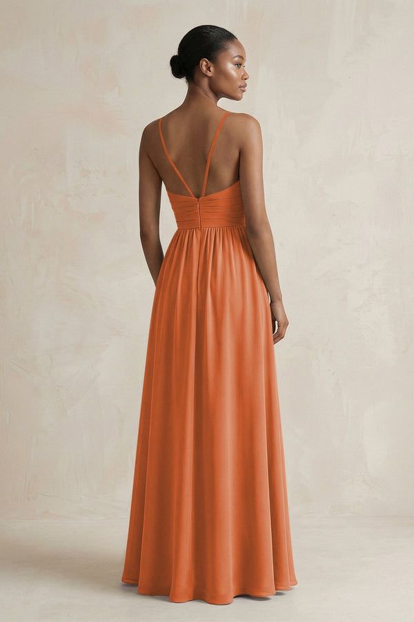 A - Line Halter Chiffon Ruched Bridesmaid Dress in Terracotta - KissProm Bridesmaid Dresses