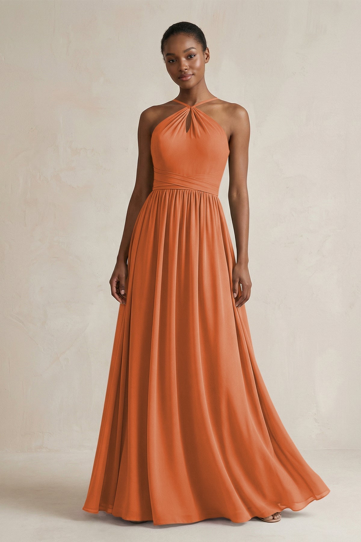 KissProm A-Line Halter Chiffon Ruched Bridesmaid Dress in Terracotta, Terracotta / 2