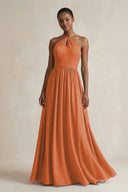 A - Line Halter Chiffon Ruched Bridesmaid Dress in Terracotta - KissProm Bridesmaid Dresses