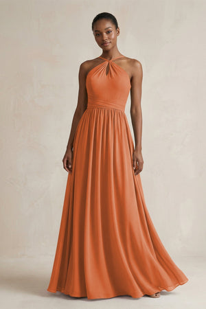 A - Line Halter Chiffon Ruched Bridesmaid Dress in Terracotta - KissProm Bridesmaid Dresses