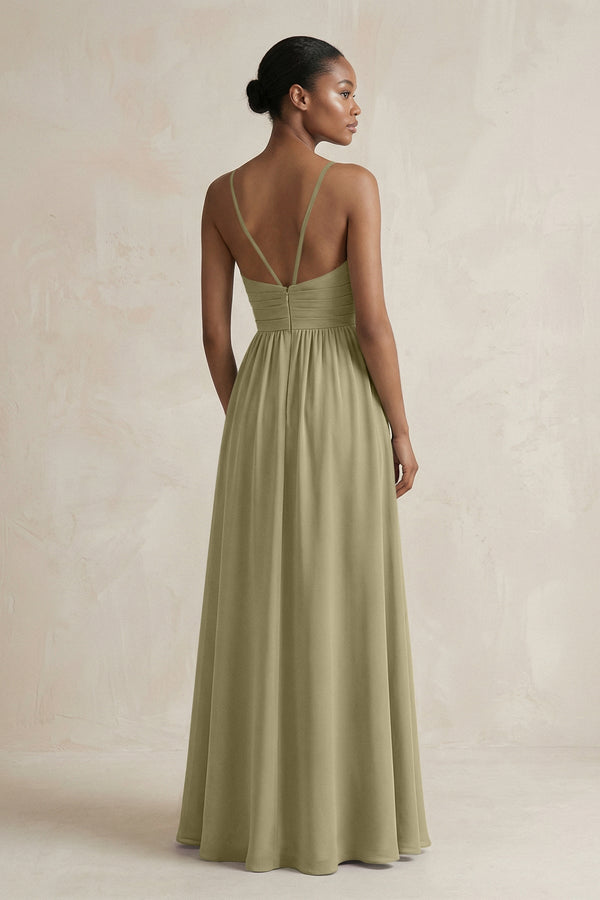 A - Line Halter Chiffon Ruched Bridesmaid Dress in Thyme - KissProm Bridesmaid Dresses