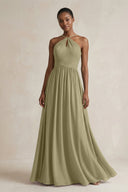 A - Line Halter Chiffon Ruched Bridesmaid Dress in Thyme - KissProm Bridesmaid Dresses
