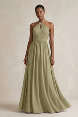 A - Line Halter Chiffon Ruched Bridesmaid Dress in Thyme - KissProm Bridesmaid Dresses