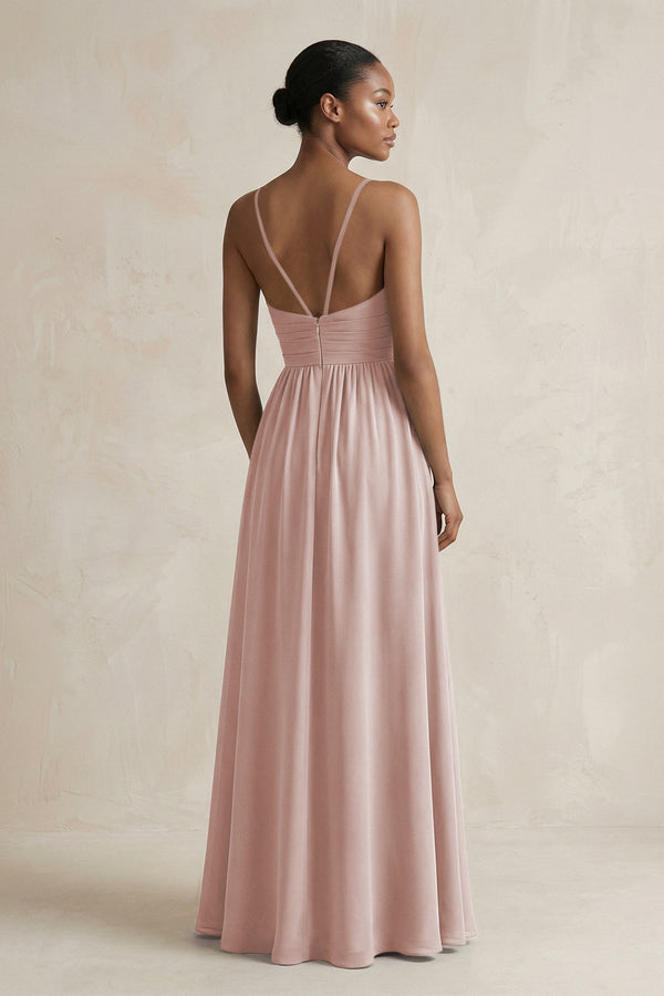 A - Line Halter Chiffon Ruched Bridesmaid Dress in Toffee - KissProm Bridesmaid Dresses