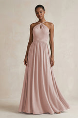 A - Line Halter Chiffon Ruched Bridesmaid Dress in Toffee - KissProm Bridesmaid Dresses