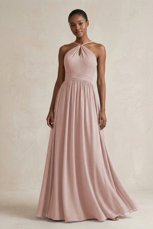 A - Line Halter Chiffon Ruched Bridesmaid Dress in Toffee - KissProm Bridesmaid Dresses
