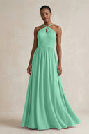 A - Line Halter Chiffon Ruched Bridesmaid Dress in Turquoise - KissProm Bridesmaid Dresses