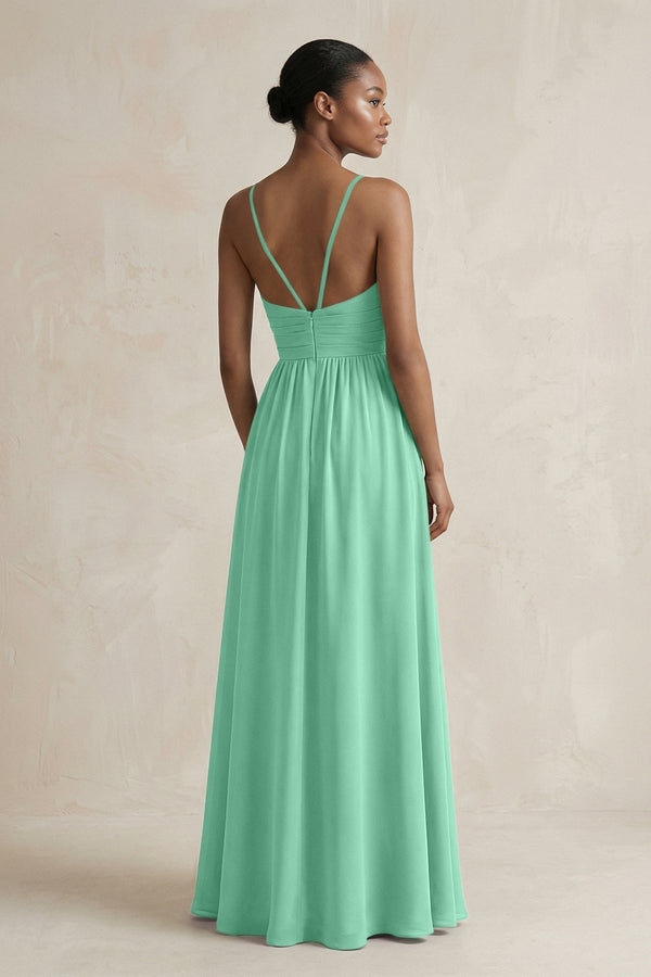 A - Line Halter Chiffon Ruched Bridesmaid Dress in Turquoise - KissProm Bridesmaid Dresses