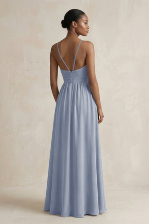 A - Line Halter Chiffon Ruched Bridesmaid Dress in Twilight - KissProm Bridesmaid Dresses
