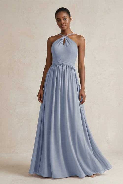 A - Line Halter Chiffon Ruched Bridesmaid Dress in Twilight - KissProm Bridesmaid Dresses