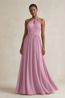 A - Line Halter Chiffon Ruched Bridesmaid Dress in Vintage Mauve - KissProm Bridesmaid Dresses