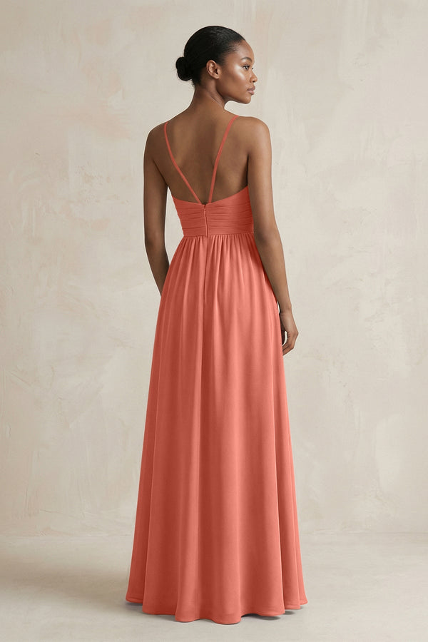 A - Line Halter Chiffon Ruched Bridesmaid Dress in Wild Rose - KissProm Bridesmaid Dresses
