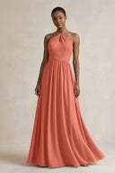 A - Line Halter Chiffon Ruched Bridesmaid Dress in Wild Rose - KissProm Bridesmaid Dresses