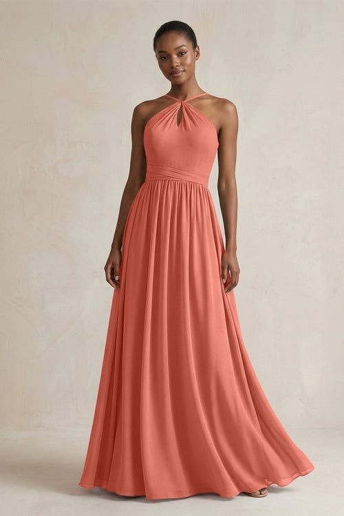 A - Line Halter Chiffon Ruched Bridesmaid Dress in Wild Rose - KissProm Bridesmaid Dresses