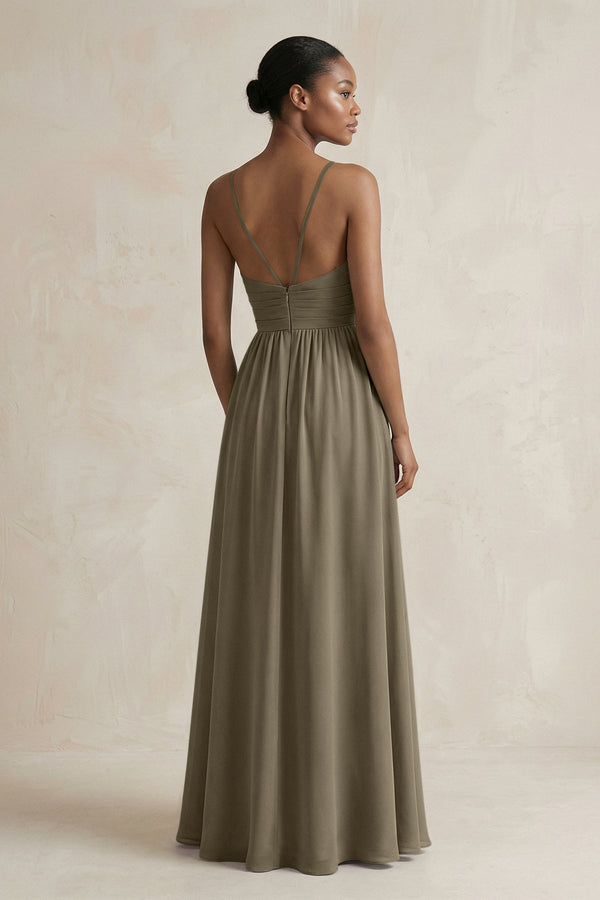 A - Line Halter Chiffon Ruched Bridesmaid Dress in Willow Green - KissProm Bridesmaid Dresses